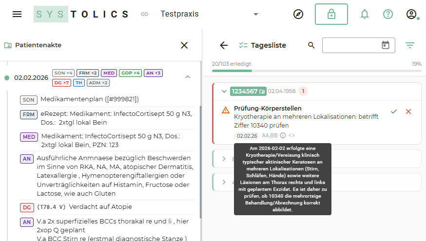 systolics Optimizer mit einer Übersicht von Abrechnungsempfehlungen